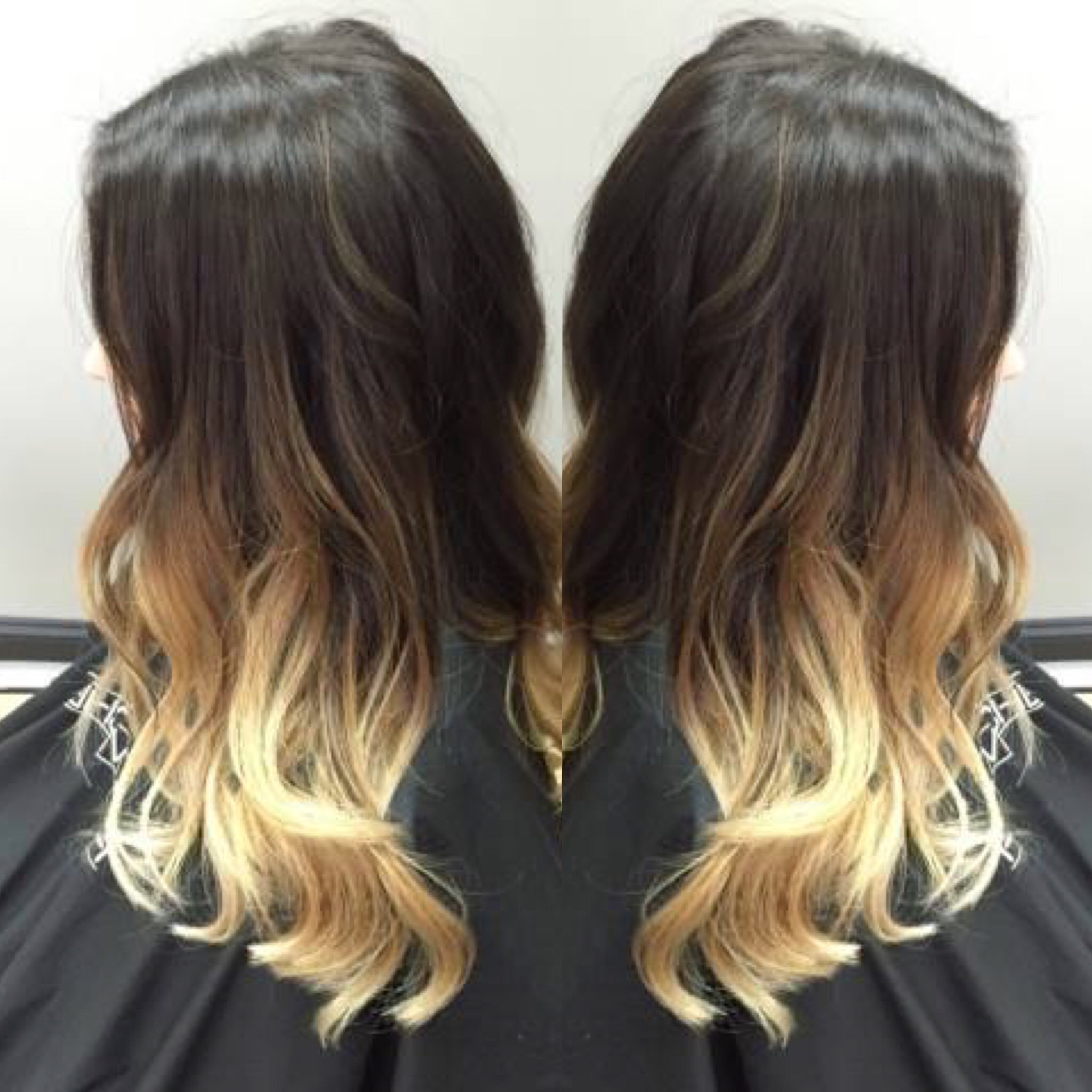 A rich brunette to blond ombre done by Ashley