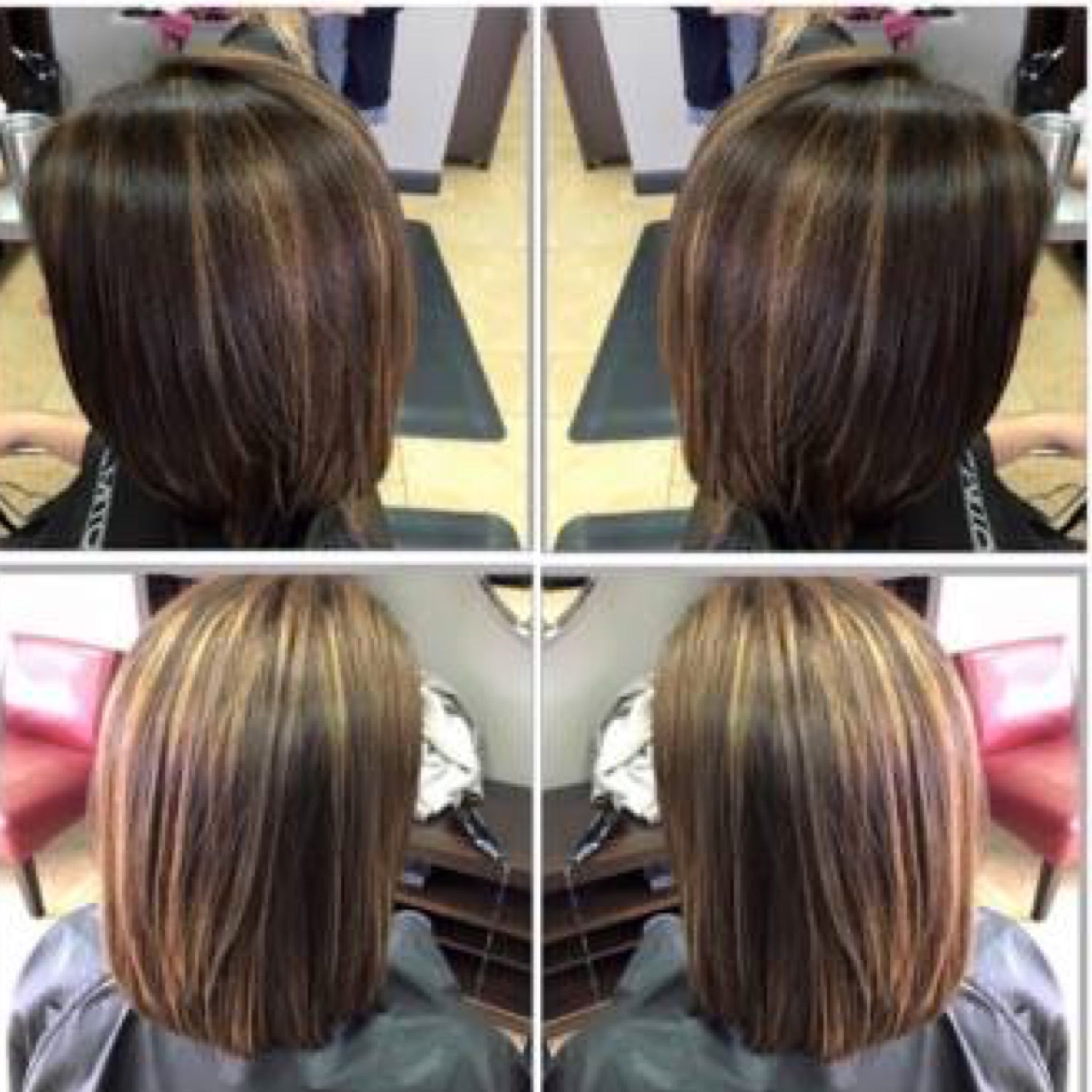 A dark brown angled bob with warm highlights done by Beth