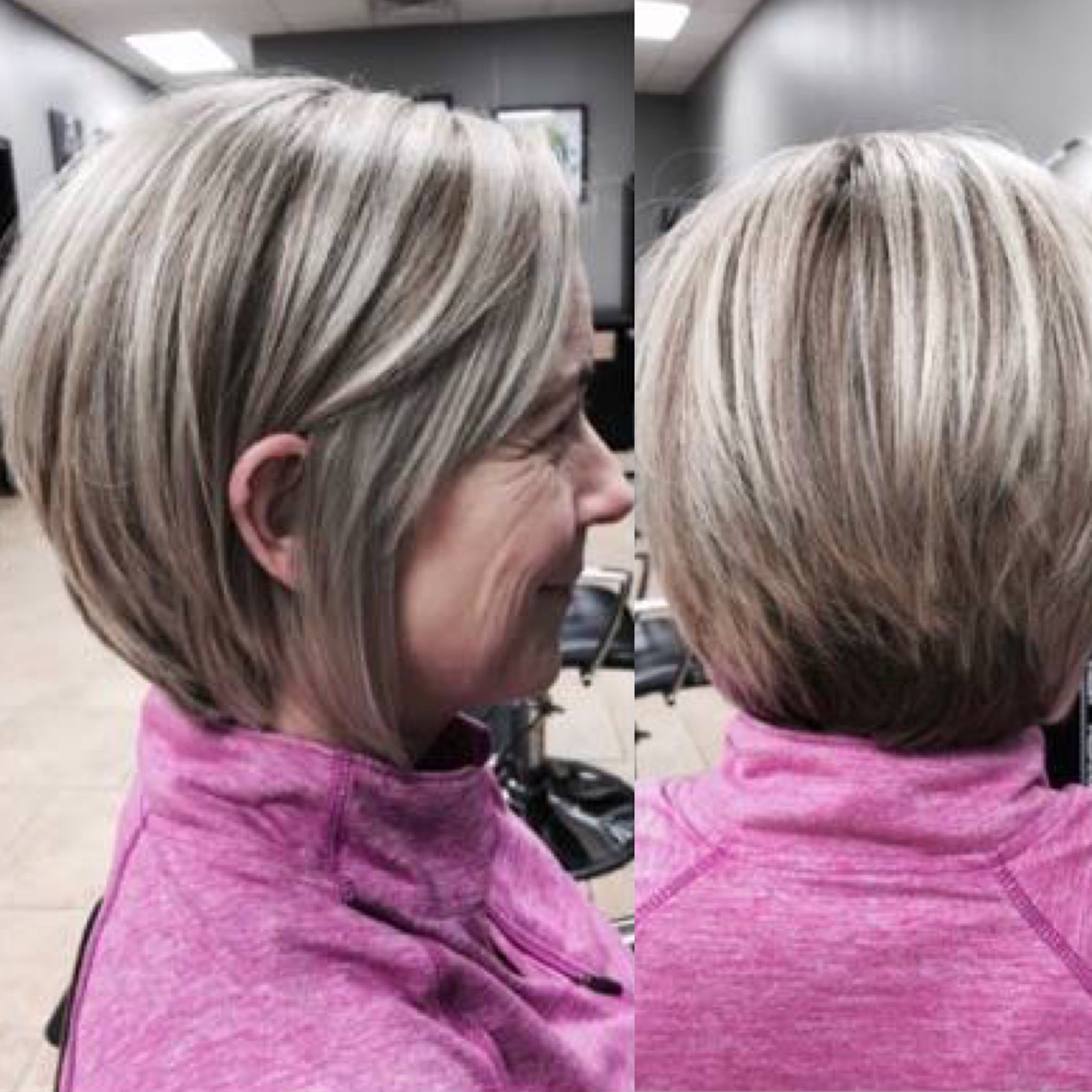 A platinum blond long bob with a hidden purple under layer done by Megan