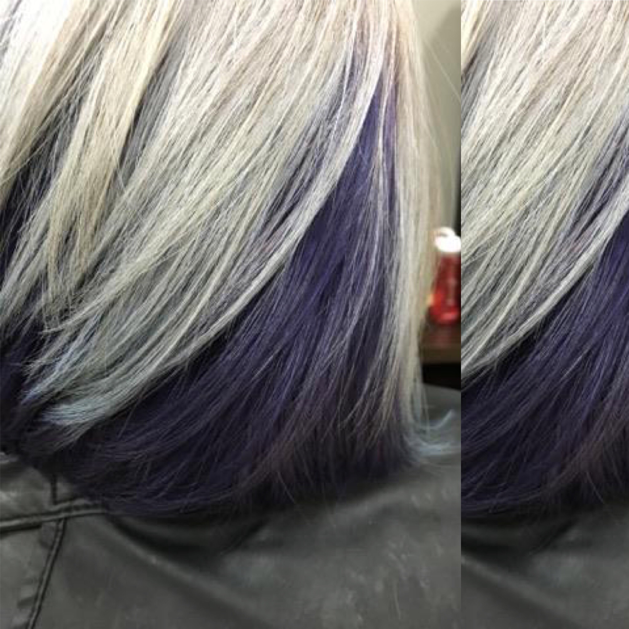 A platinum blond long bob with a hidden purple under layer done by Megan